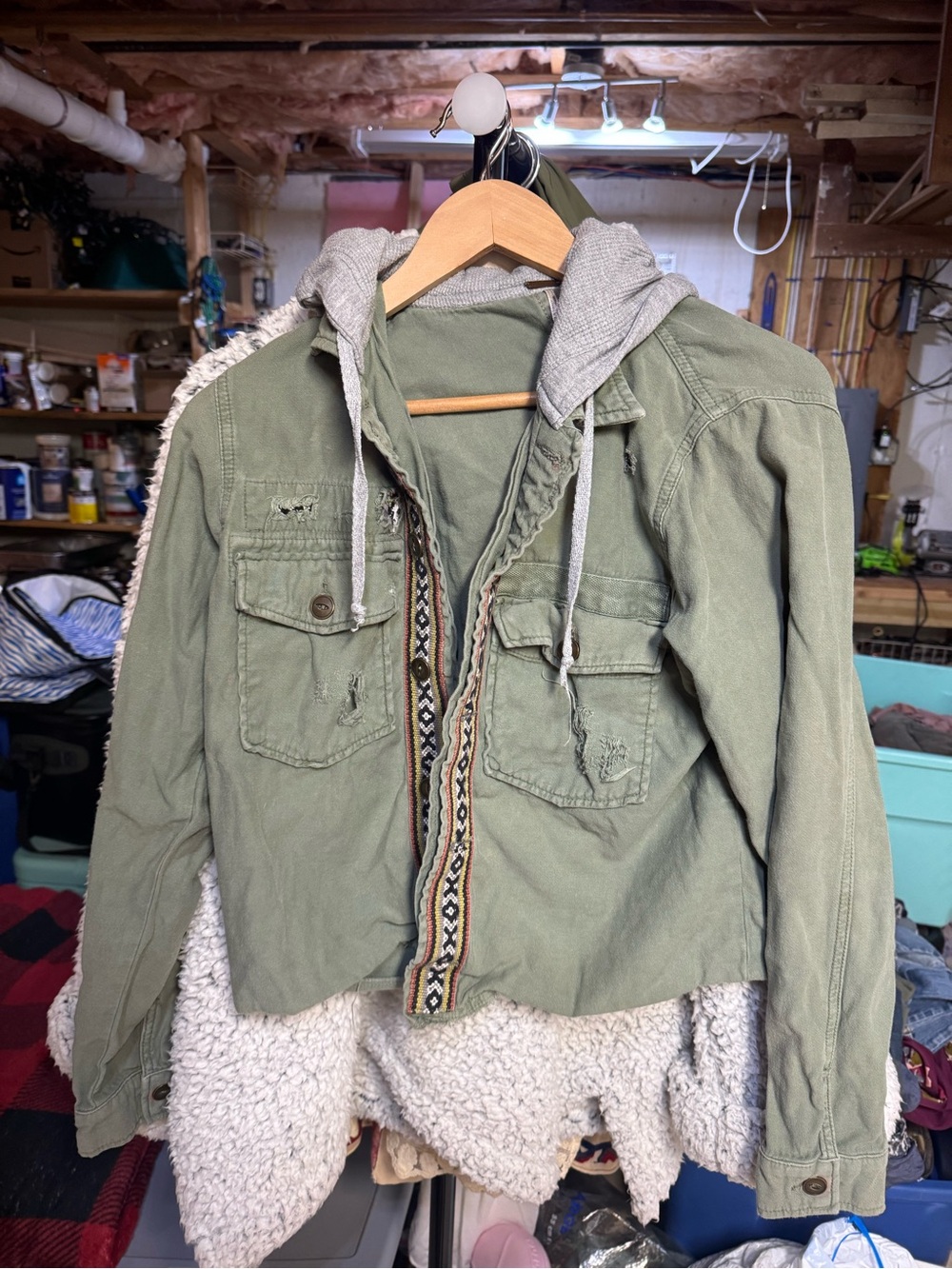 Free People Olive and Gray Layered Hood Jacket